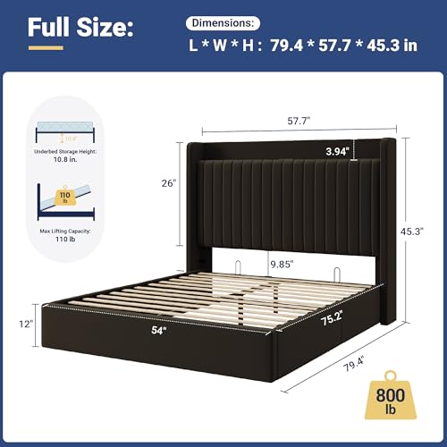 Full Lift Up Storage Hydraulic Bed Frame,Charging Station,Black