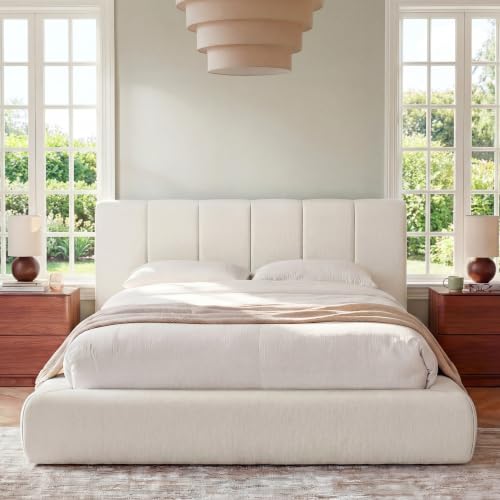Queen Cloud Bed Frame with Headboard Removable, 5.9'' Boucle Upholstered Bed Rounded Corner Design, Soft Modern Low Platform Floor-Standing Support, Easy Assembly, No Box Spring Needed, White