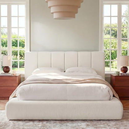 Queen Cloud Bed Frame with Headboard Removable, 5.9'' Boucle Upholstered Bed Rounded Corner Design, Soft Modern Low Platform Floor-Standing Support, Easy Assembly, No Box Spring Needed, White