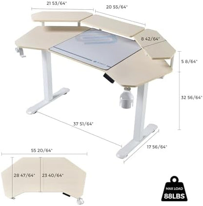 EUREKA ERGONOMIC Aero 55 Inch W Shaped Electric Standing Desk, Height Adjustable Computer Gaming Desk with LED Monitor Shelf, Mouse Pad, Headphone Hook, Cup Holder, Natural Maple