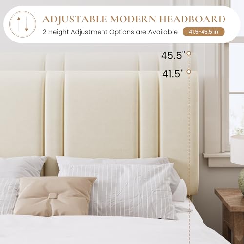 Queen Size Velvet Bed Frame with Adjustable Headboard, Cream