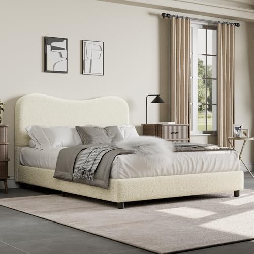 Full Size Bed Frame with Boucle Fabric, Beige
