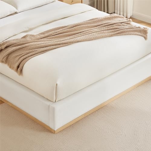 Upholstered Queen Size Bed Frame, Boucle Fabric Platform Bed Mattress Foundation Noise-Free No Box Spring Needed Easy Assembly
