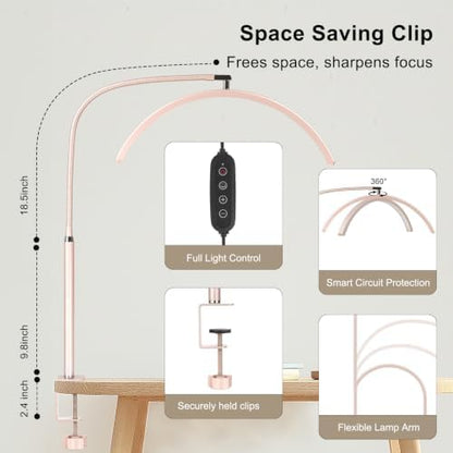 Professional Half Moon LED Desk Light for Nail Techs & Artists – Flexible Gooseneck Lamp with Clamp, 3 Color Modes & 5 Brightness Levels for Manicure, Tattoo, Beauty Work