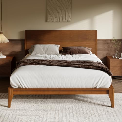 Queen Bamboo Platform Bed Frame with Tall Headboard, Warm Brown