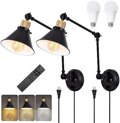 TRLIFE Dimmable Wall Sconce, Remote Control Plug in Wall Sconces Dimming 10%-100% and Adjustable Color Temperature 2700K-6000K, Swing Arm Wall Lights with Plug in Cord, UL Listed(2 Pack, 2 Bulbs)