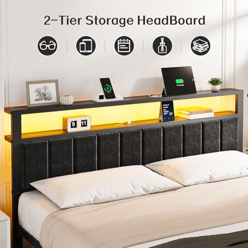 King Bed Frame with Charging Station & LED Lights, Modern Platform Bed with Upholstered Storage Headboard, No Box Spring Needed Noise Free