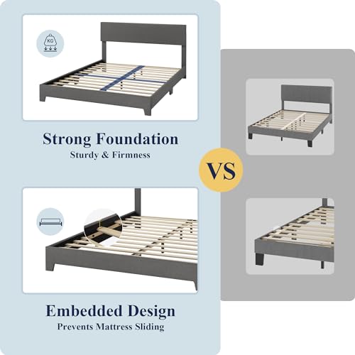 Queen Size Upholstered Bed Frame Adjustable Headboard, Dark Grey
