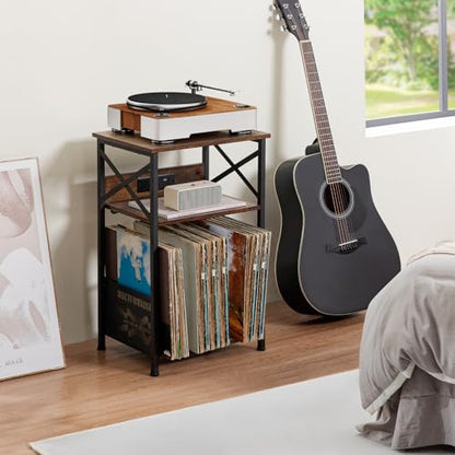 Record Player Stand with Charging Station, Vinyl Record Storage