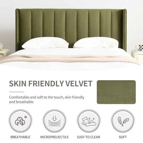 Queen Bed Frame，Platform Bed with Upholstered Headboard，GrassGreen