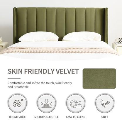 Queen Bed Frame，Platform Bed with Upholstered Headboard，GrassGreen