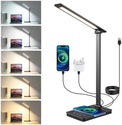 LED Desk Lamp, USB Charging Port Touch Control for Home Office 5 Color Modes with Timer,Adjustable Arm,Wireless Charging, 10 Dimmable Eye-Caring Table Light with Data Cable for Work Study
