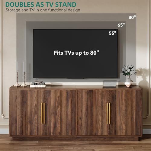 70" TV Stand for up to 80" TVs with 4 Fluted Doors, Natural Oak