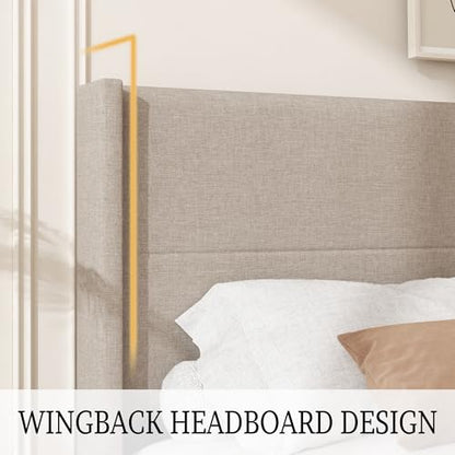 Queen Size Linen Platform Bed Frame with Wingback Upholstered Headboard