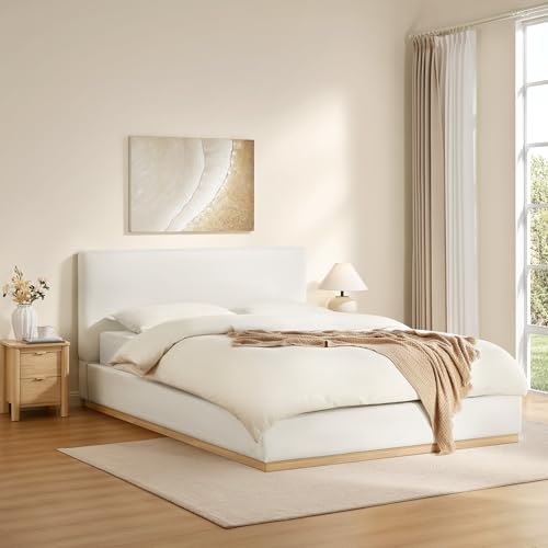 Upholstered Queen Size Bed Frame, Boucle Fabric Platform Bed Mattress Foundation Noise-Free No Box Spring Needed Easy Assembly