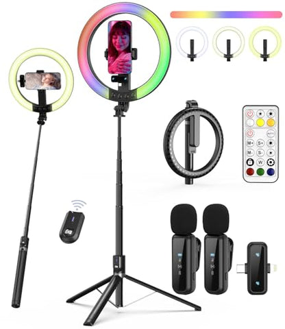 Vlogging Kit for iPhone/Android, 10” Ring Light with Stand, 74” Tripod for iPhone with Light, Microphone, YouTube Starter Kit for TikTok Content Creator