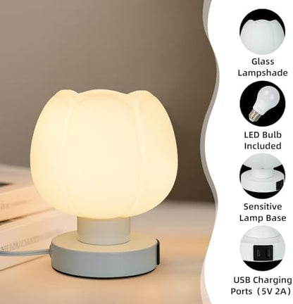 Touch Bedside Lamp wtih USB C+A Charging Ports,Tulip Flower Lamp