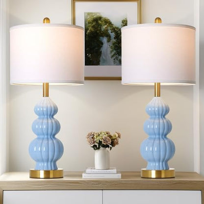Rinweey Blue Ceramic Lamps Set of 2, 26.5" Modern Table Lamps for Living Room, Classic Bedside Lamp with Triple Gourd, Elegant Bedroom Lamp for Night Stand Desk Side End Table Home Decor