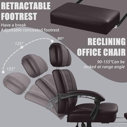 LEMBERI 400lbs Executive Office Chair with Foot Rest, Ergonomic Heavy Duty Big and Tall Desk Chair with Adjustable Headrest, High Back PU Leather Comfy Computer Chairs for Long Hours (Brown)