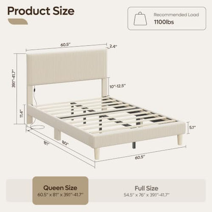Queen Bed Frame with Headboard LED Lighting,Upholstered,Beige