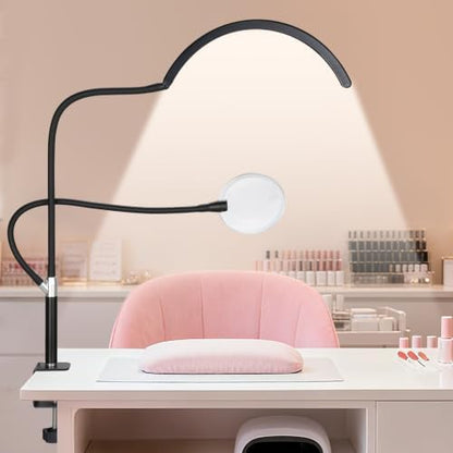 Half Moon Desk Lash Light with 4X Magnifier, 2-in-1 Dual Arm Gooseneck Clamp Lamp for Eyelash Extension, Shadow-Free Esthetician Light, Adjustable Color & Brightness for Tattoo, Sewing, Crafts