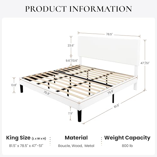 Boucle Upholstered King Size Bed Frame, White