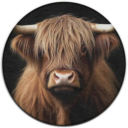 Soft Round Yoga Carpet, Large Home Decor Mat, Non Slip Machine Washable Kitchen Office Circle Rug Highland Cow