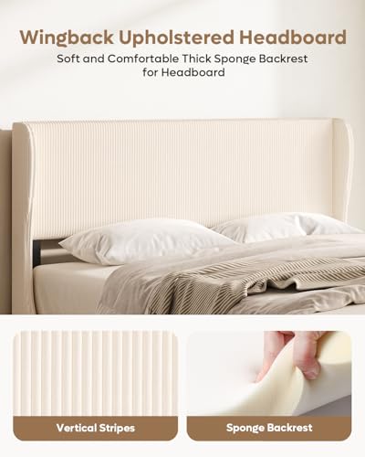 Queen Bed Frame with Wingback Headboard,Upholstered,Beige
