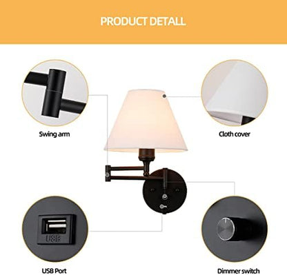 Swing Arm Wall Sconces, Plug-in Wall lamp,Bedroom Wall lamp ， White Fabric Shade，，with dimmable Switch and USB Charging Port, Suitable for Bedside, Living Room, Reading (Black)