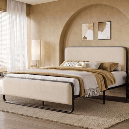 Queen Metal Bed Frame with Upholstered, Beige