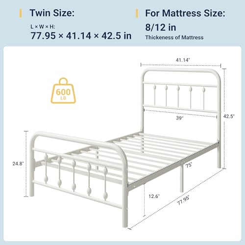 14 Inches Twin Size Metal Platform Bed Frame, Off White