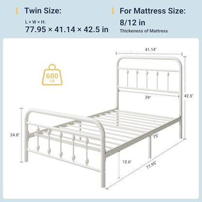 14 Inches Twin Size Metal Platform Bed Frame, Off White