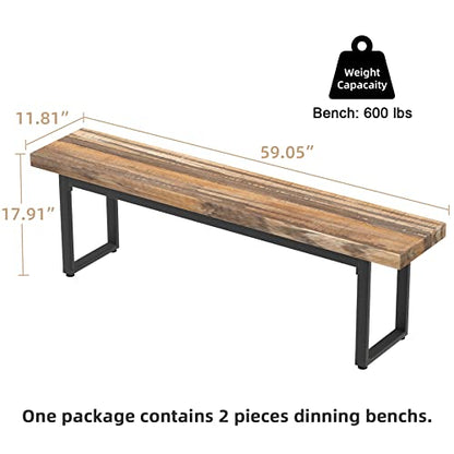 59" Farmhouse Dining Bench Pair 2, Wooden Bench Seat Kitchen Table, Brown