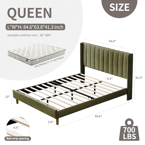 Queen Bed Frame，Platform Bed with Upholstered Headboard，GrassGreen