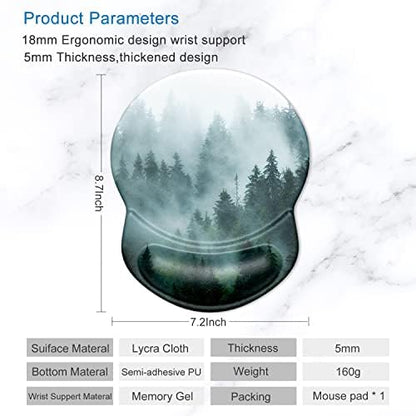 ITNRSIIET Ergonomic Mouse Pad with Gel Wrist Support Small Wrist Rest Smooth Surface Non-Slip PU Base Comfortable Office Supplies Pain Relief, 8.7 x 7.2 inches, Fog Forest