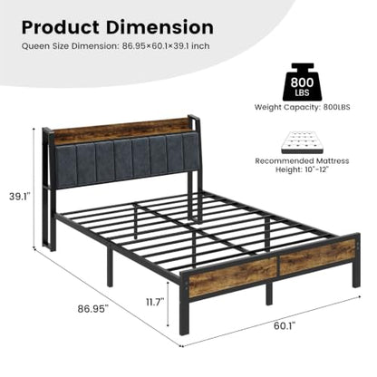 Queen Size Bed Frame with Storage Headboard, LED Lights