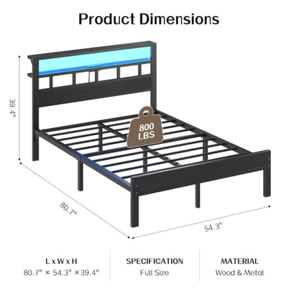 Full Size Bed Frame with Charging Station and LED