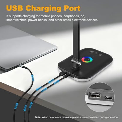 LED Desk Lamp,5 Color Modes, USB Charging Port for Home Office Dimmable Eye Caring Table Light with Timer for Work Study,Reading Lamp Touch Control with RGB,Flexible Rotation Design