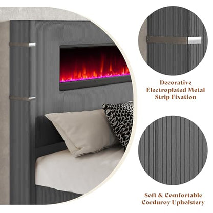 King Bed Frame with Fireplace, Upholstered Headboard, Dark Gray