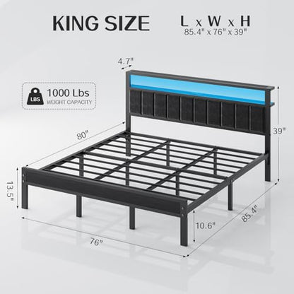 King Bed Frame with Charging Station & LED Lights, Modern Platform Bed with Upholstered Storage Headboard, No Box Spring Needed Noise Free