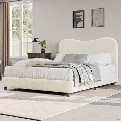 Full Size Bed Frame with Boucle Fabric, Beige