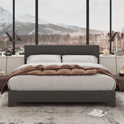 Queen Size Upholstered Bed Frame Adjustable Headboard, Dark Grey
