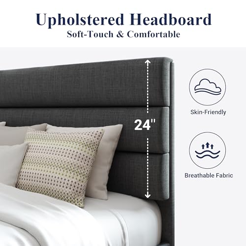 Full Size Platform Bed Frame with Fabric Upholstered Headboard Gray