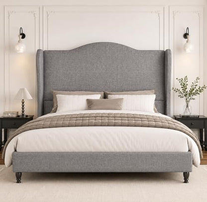 Queen Size Upholstered Platform Bed Frame, Light Grey
