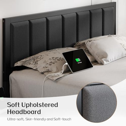 Queen Bed Frame with Headboard, Smart LED & Charging Station