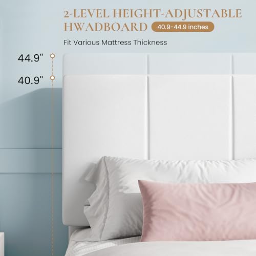 Full Size Bed Frame, Velvet Upholstered Platform Bed, Vertical Channel Tufted Adjustable Headboard, Low Profile Bed Frame, No Box Spring Needed, Easy Assembly, White