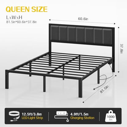Queen Bed Frame with Headboard, Smart LED & Charging Station