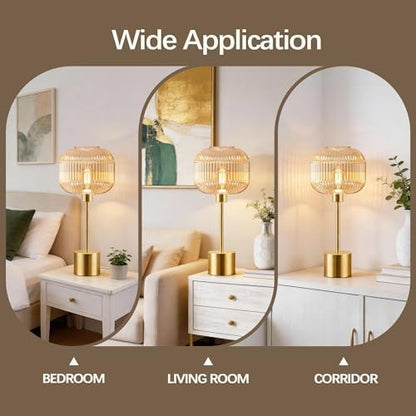 QiMH Glass Table Lamp for Living Room, Modern Bedside Lamp with Champagne Ribbed Glass Shade, 3-Way Dimmable Touch Control Nightstand Lamp for Bedroom, Brushed Gold (2700K LED Bulb Included)