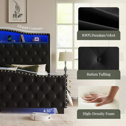 Queen Size Platform Bed Frame with 50.9" LED Headboard, Black
