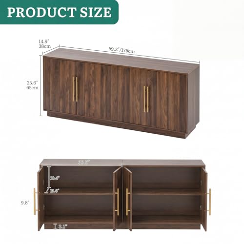 70" TV Stand for up to 80" TVs with 4 Fluted Doors, Natural Oak